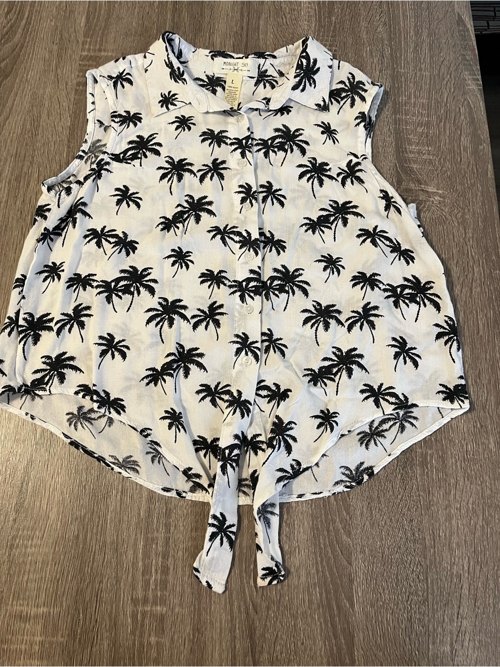 Sleeveless Tie-Front Button-Down Shirt - White with Black Palm Print